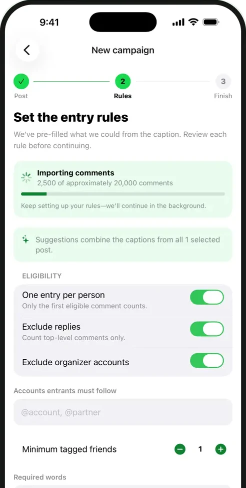 Comments importing in the background while the rules are set in the iPhone app
