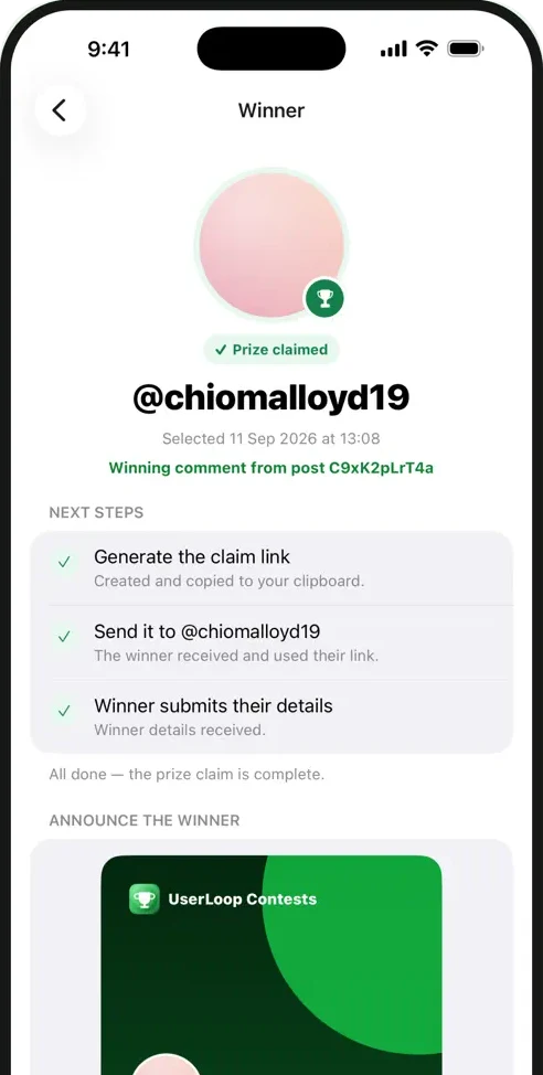 Prize claimed confirmation with the completed next steps in the iPhone app