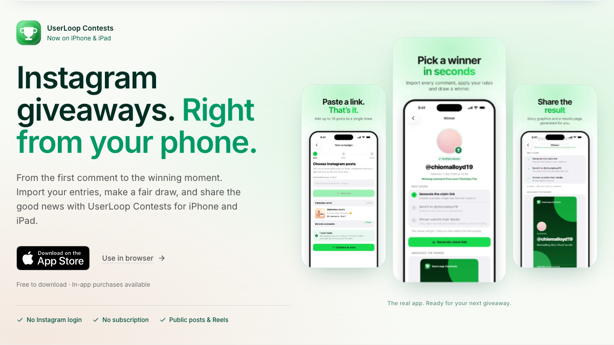 UserLoop Contests for iPhone and iPad showing the import, draw and winner-sharing screens