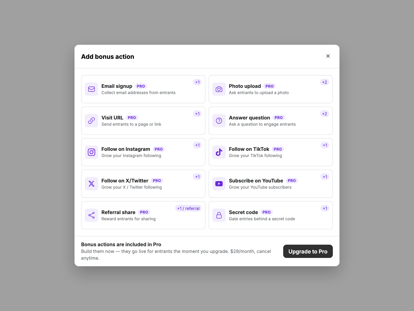 Add bonus action dialog showing ten actions with Pro labels and an Upgrade to Pro button