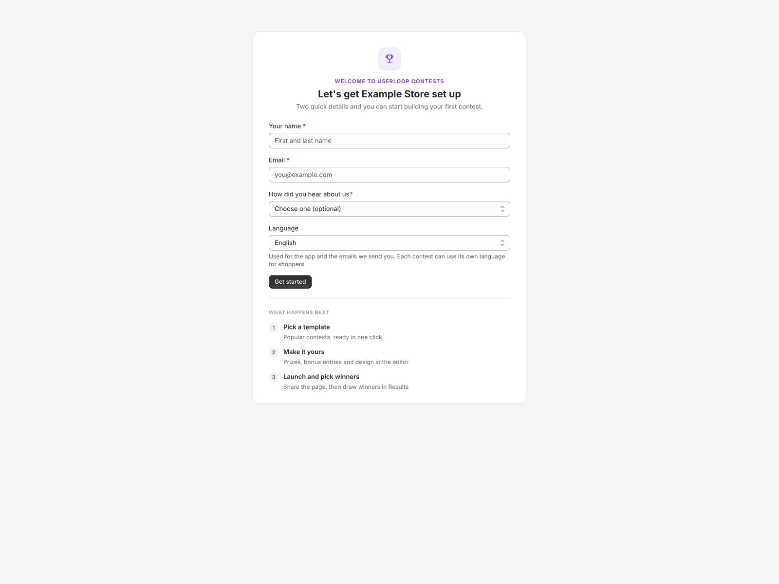 Contests setup screen with name and email fields and a Language selector set to English