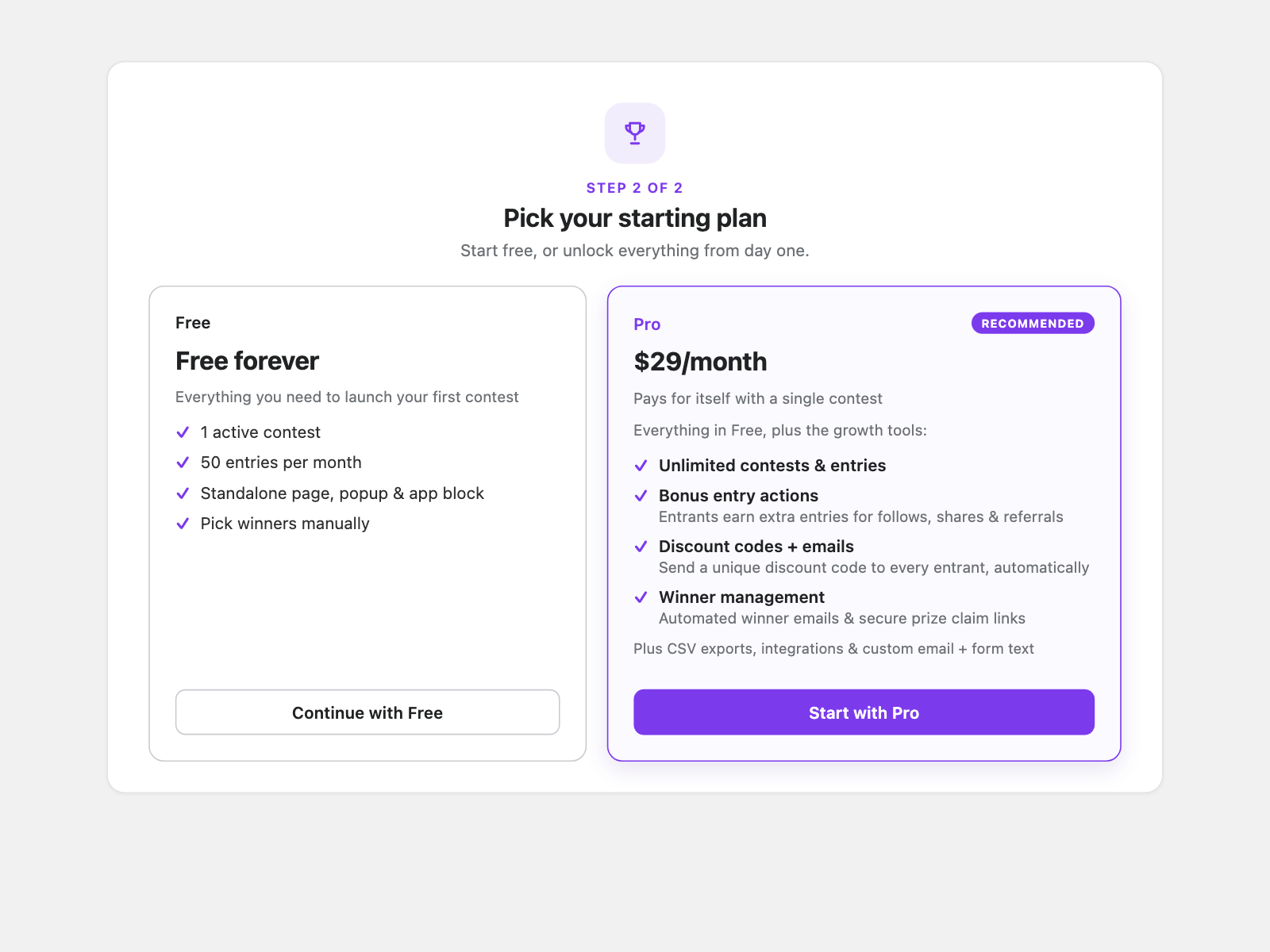 Contests setup screen comparing the Free and Pro starting plans