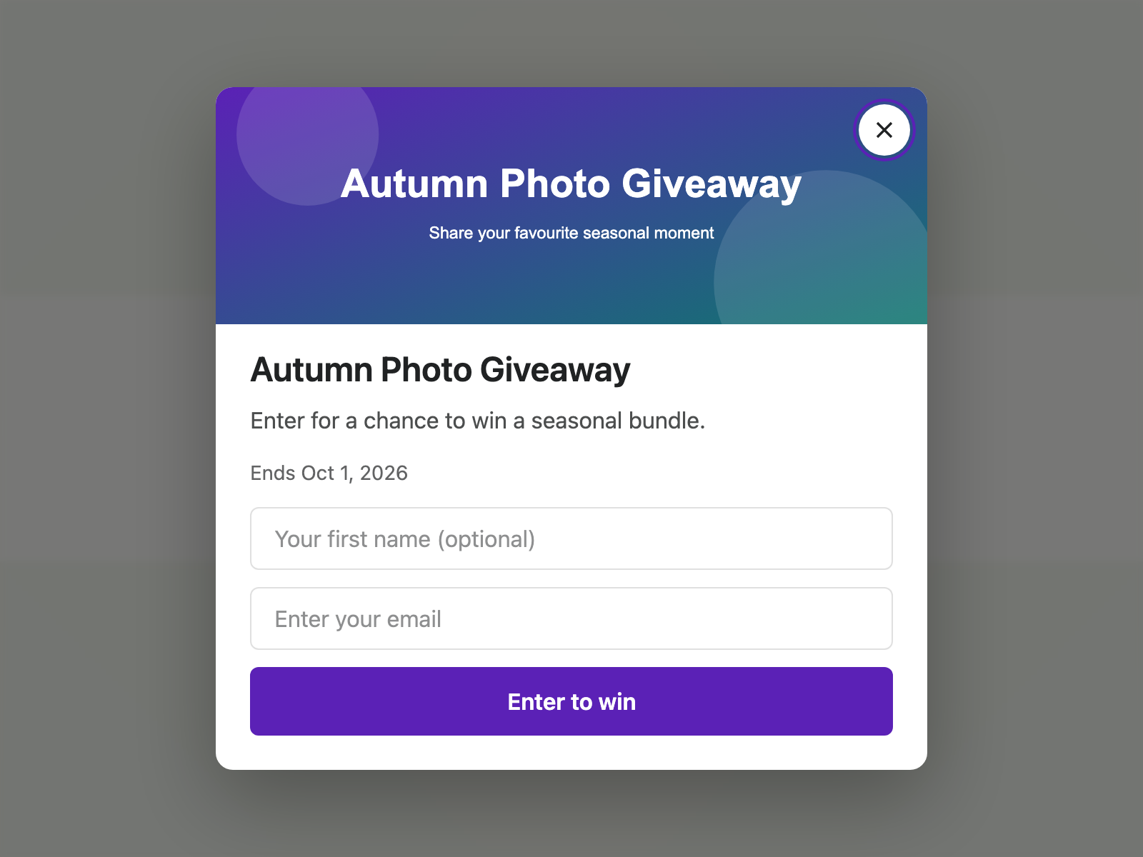 Contest popup with a purple and green header image above the title, description, entry fields, and entry button