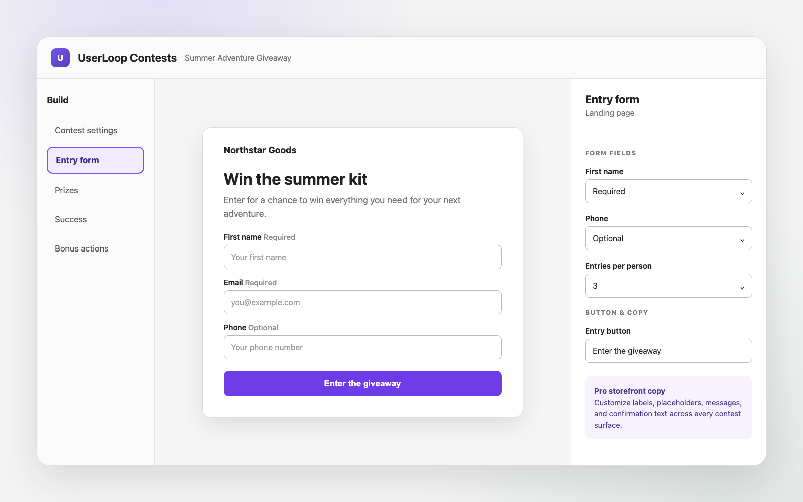 Contest entry form settings for first name, phone number, and custom button text