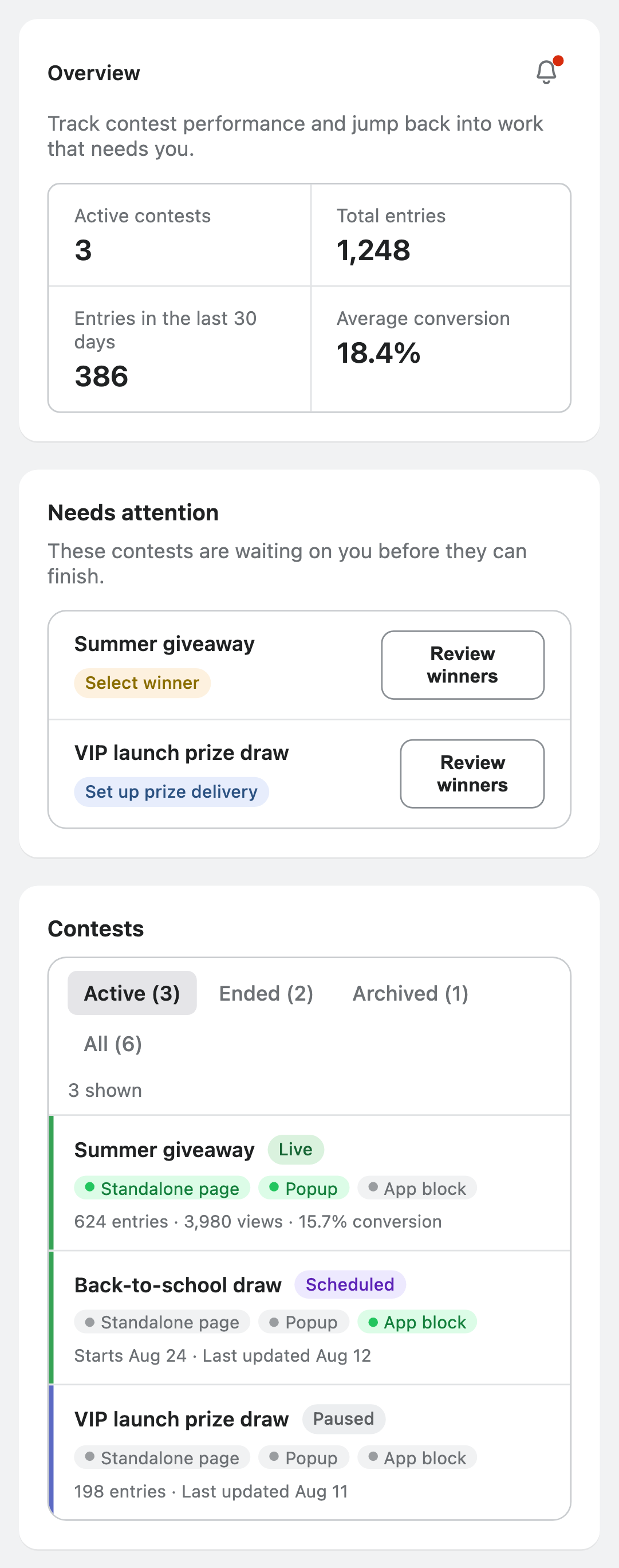 Contests dashboard with a What's new bell, Needs attention tasks, status filters, and contest state labels