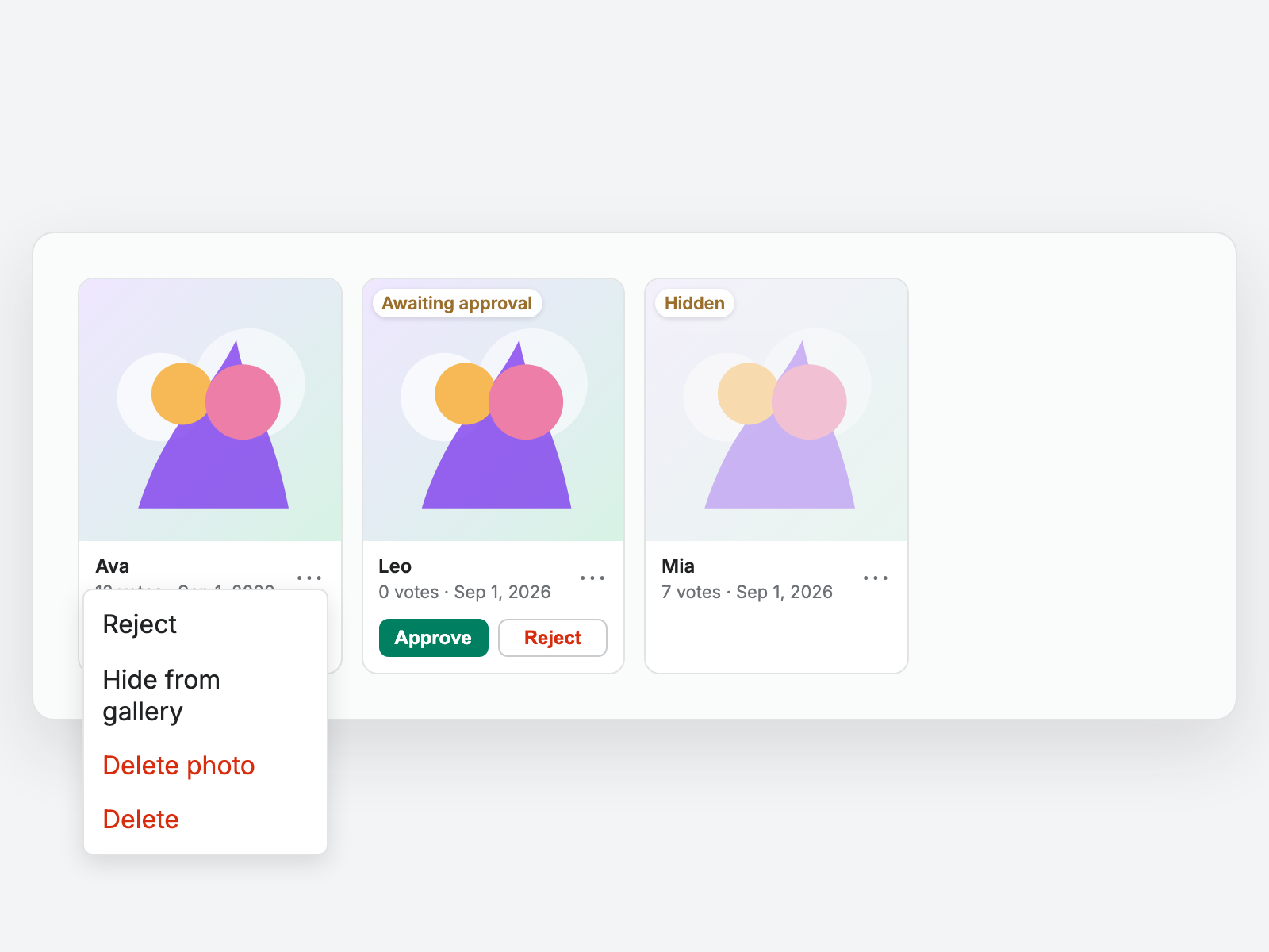 Photo entry menu in Contests Results with options to hide the photo, delete the photo, or delete the whole entry
