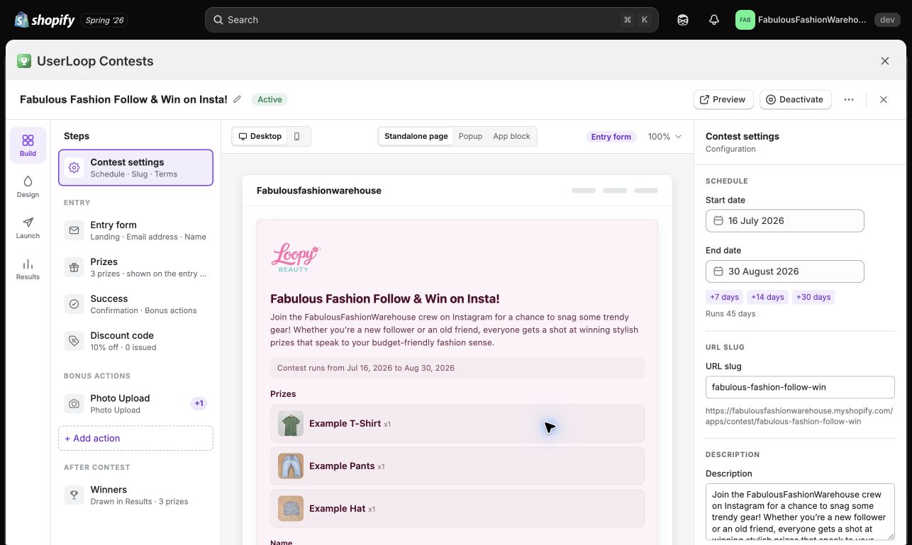 Contests Build editor with campaign steps, settings, and a live storefront preview