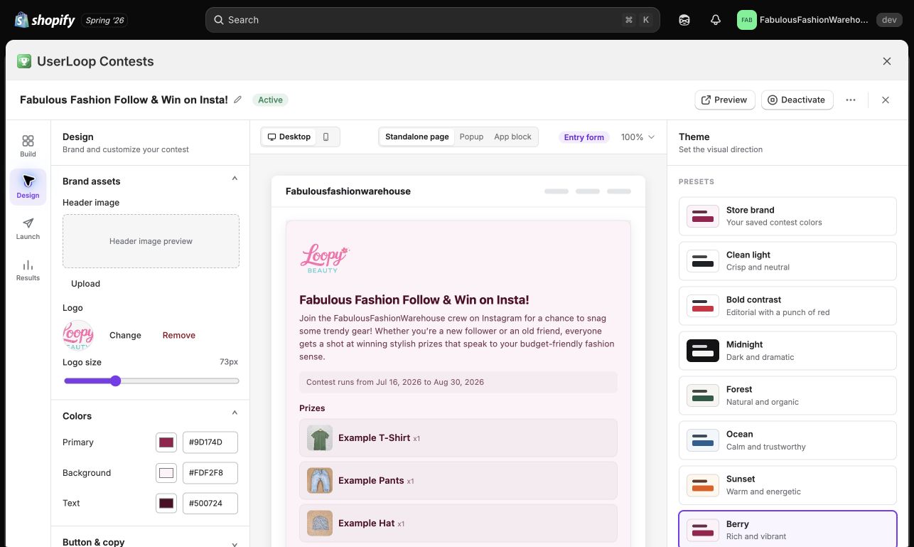 Contests Design editor with logo, color, theme, and live preview controls
