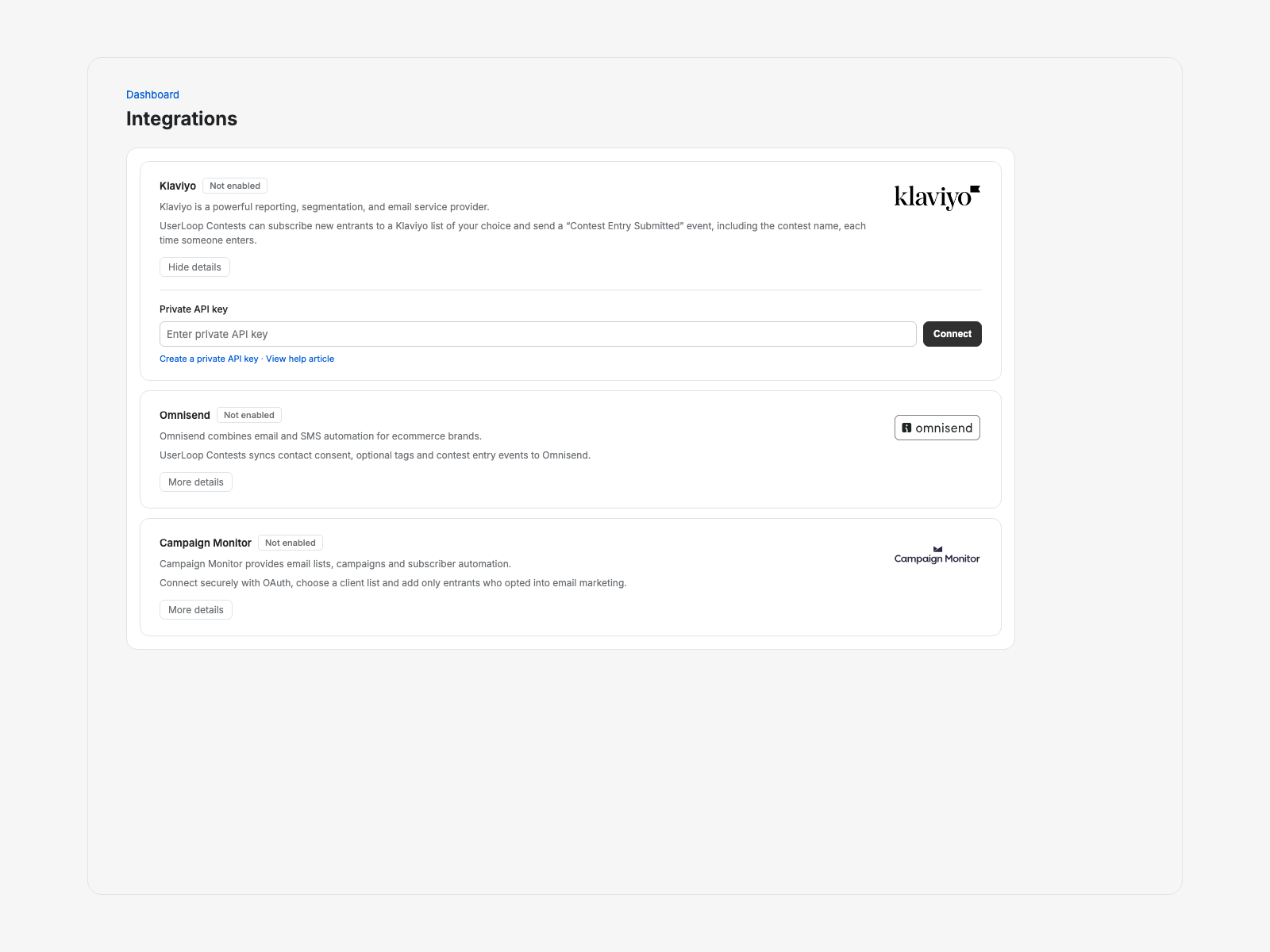 Contests Integrations page with Klaviyo, Omnisend, and Campaign Monitor setup states