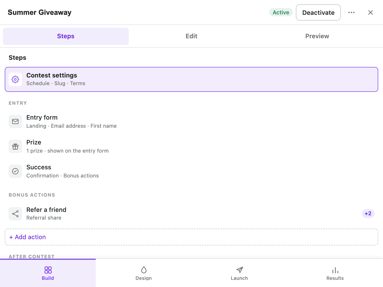 Mobile Contests editor showing Steps, Edit, and Preview tabs above contest settings and Build, Design, Launch, and Results navigation below