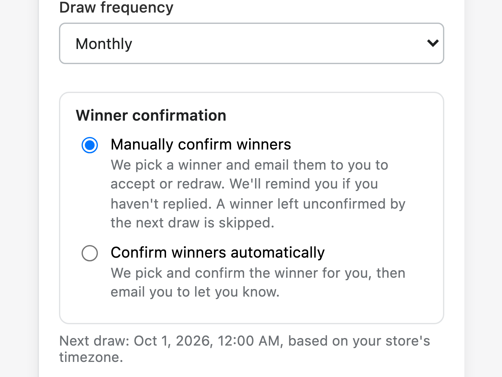 Draw frequency set to Monthly and manual winner confirmation selected in Contests settings