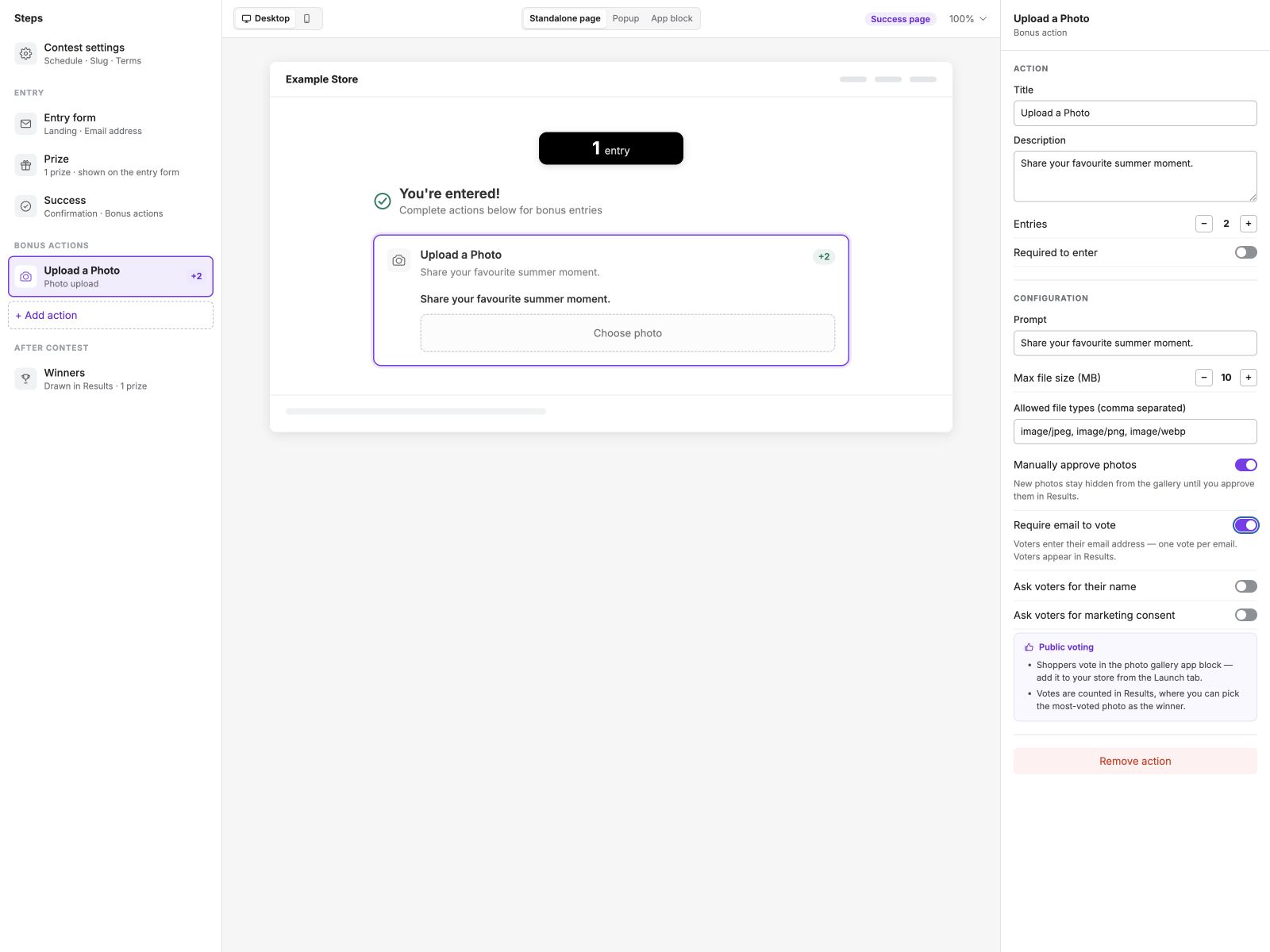 Contests photo action settings with manual approval and email voting turned on beside the photo upload preview