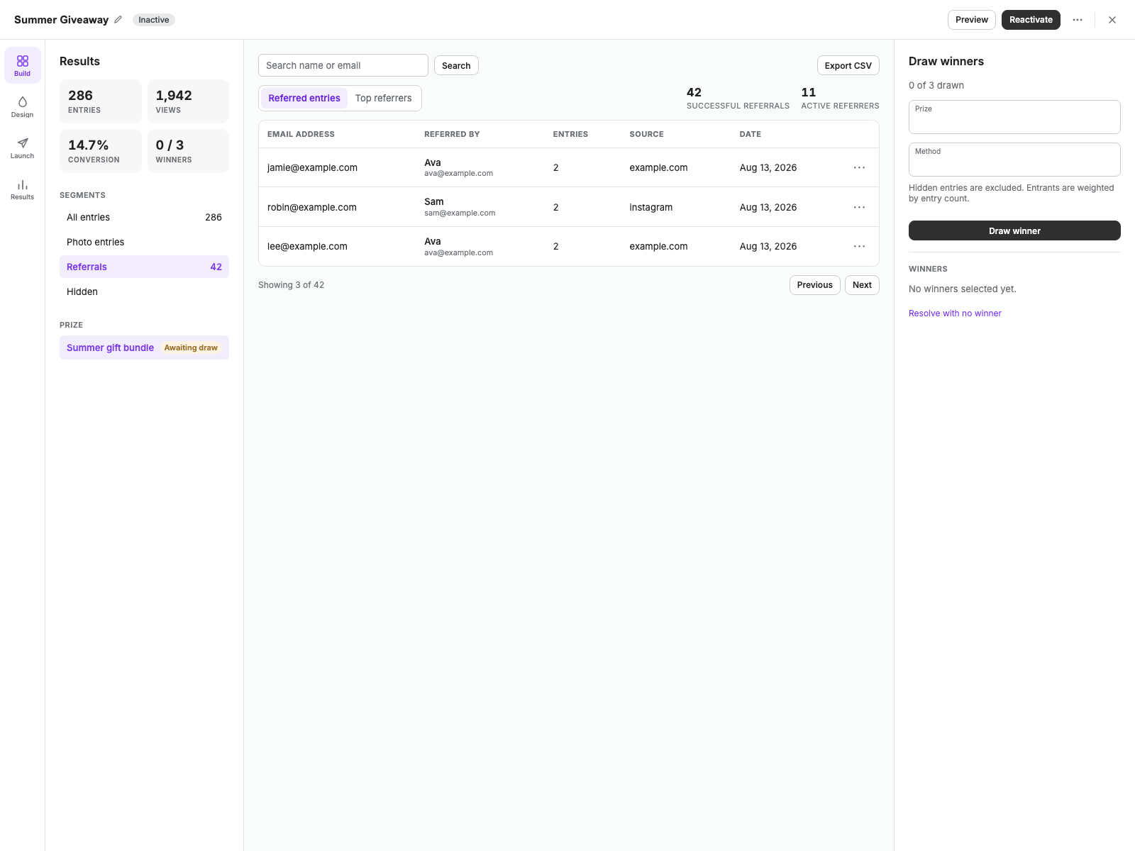 Contests Results view with Referrals selected and referred entrant rows