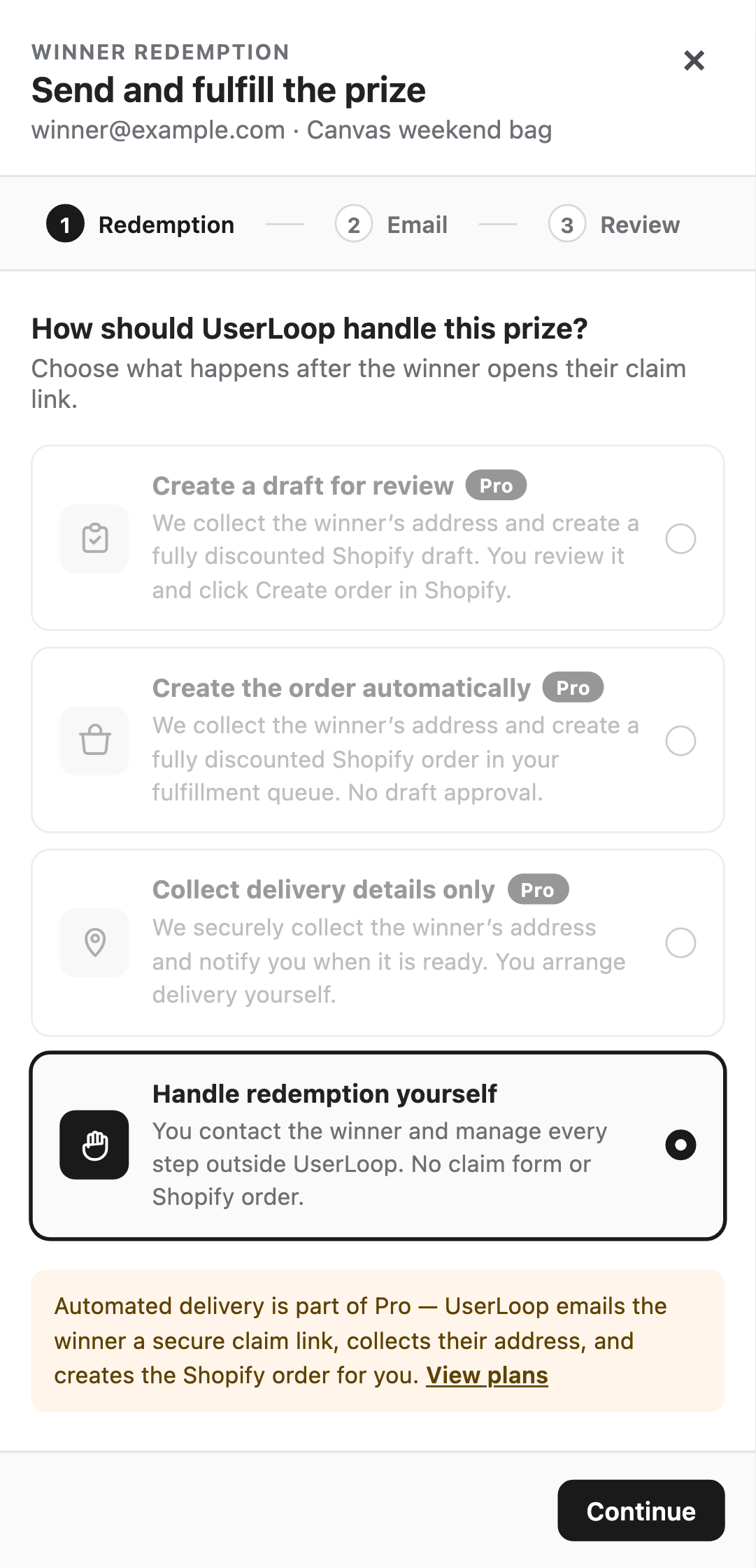 Free-plan winner redemption screen with automated delivery options marked Pro and manual prize handling selected